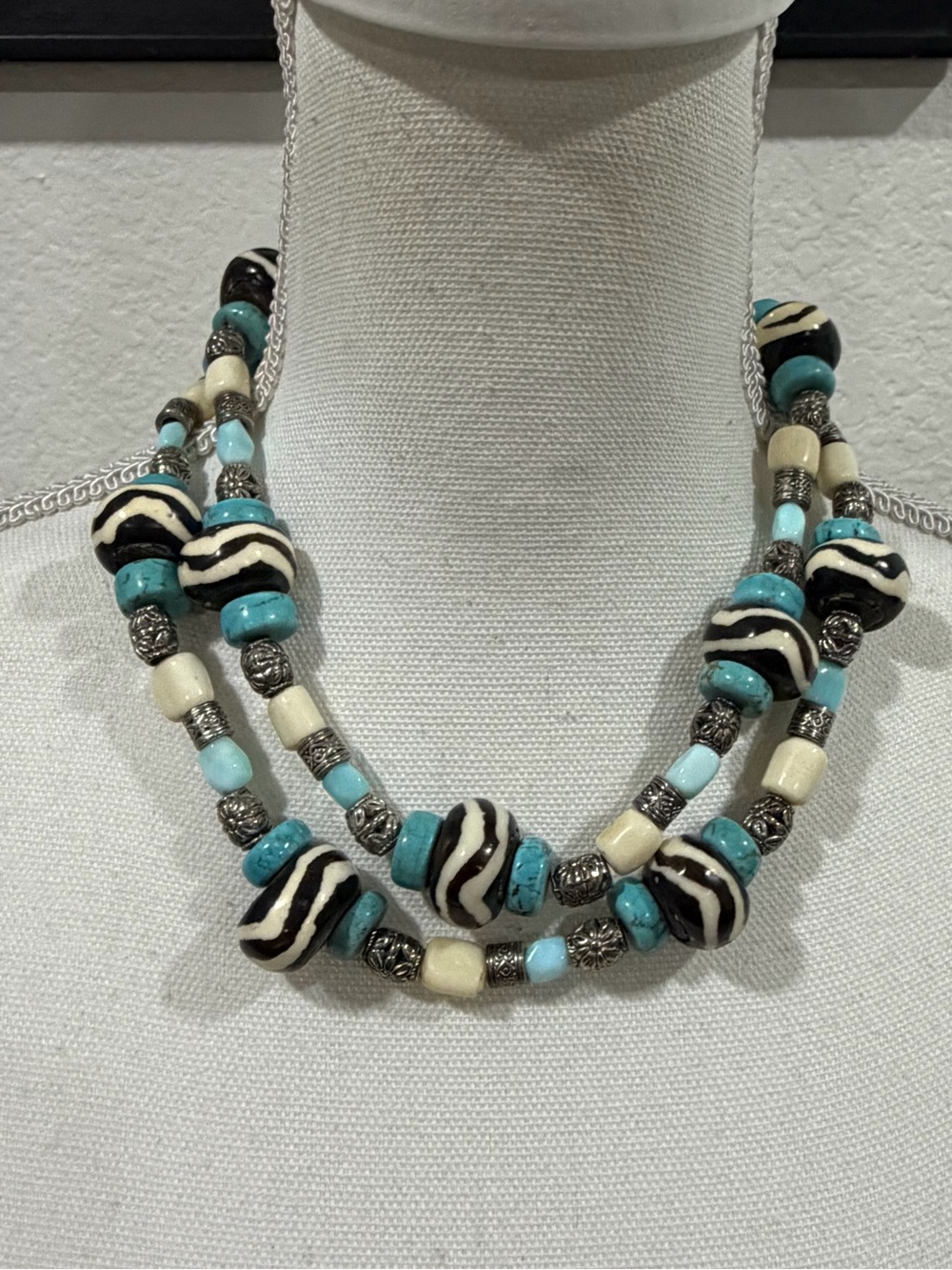 Artisan Long Turquoise, Larimar,  Silver Accent & Ceramic Zebra Beaded Necklace
